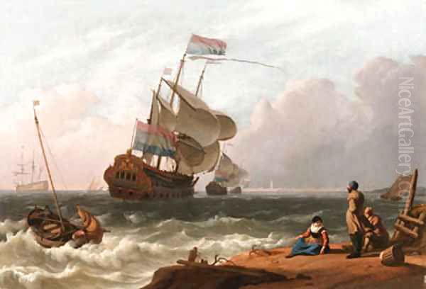 A Dutch Man-of-War in a stiff Breeze with Fisherfolk in the foreground - view 1