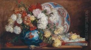 Bouquet Of Flowers With Asian Plate And Fans