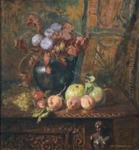 Stillleben Mit Blumen Und Fruchten In Interieur.