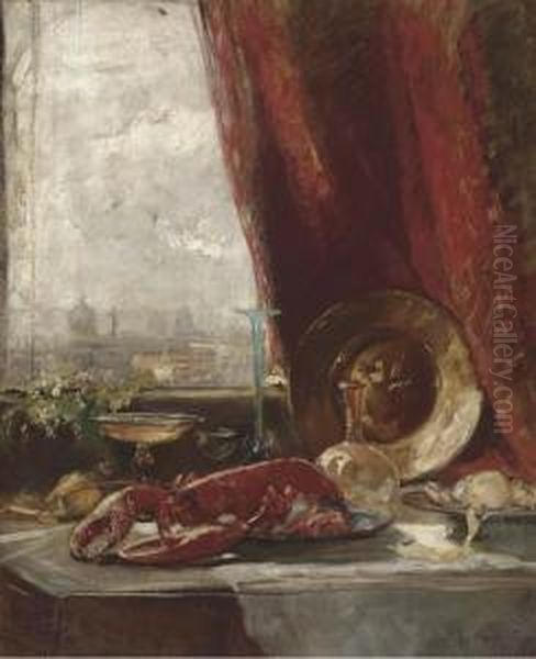A Lobster On A Salver, Glass
Vessels, A Vase Of Flowers And A Plate Of Fruit On A Draped Table Before
A Window - view 1