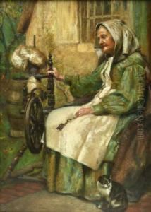 Lady Spinning By The Cottage Door by James Charles