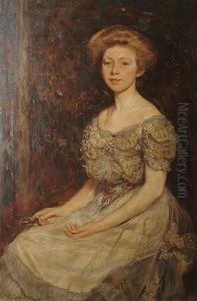 Portrait Of A Young Woman Seated, Wearing A White Dress With A Lace Bodice - view 1