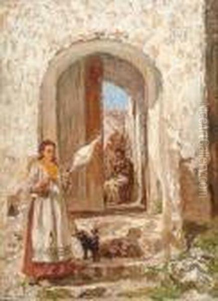 A Mediterranean Scene With A Woman In An Archway - view 1
