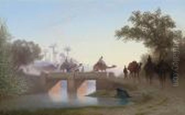 A Camel Train Crossing A River - view 1