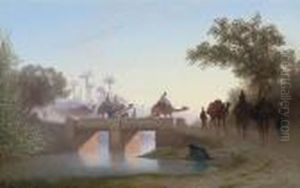 A Camel Train Crossing A River by Charles Theodore Frere