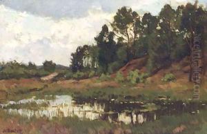 Ven a lake in a wooded landscape by Nicolaas Bastert