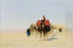 [charles-theodore Frere ;
Caravan Of Egyptian Dealers, Suez Desert ; Oil On Panel ; Signed Lower
Left by Charles Theodore Frere