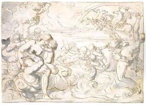 The rape of the Tanagran women by Triton, Apollo in his chariot in the background by Pierre Brebiette