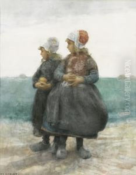 Zwei Madchen Mit Holzschuhen Am Strand. - view 1