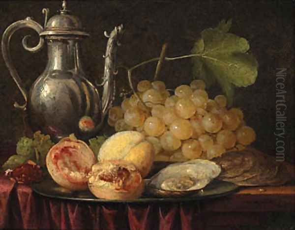 A silver ewer, a bunch of grapes with peaches and oysters on a pewter plate - view 1