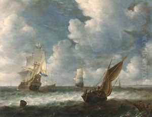 A Dutch kaag close hauled in a stiff breeze with men-o-war beyond