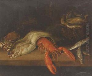 A lobster, a basket of fish, a crab, a cod and other fish on a ledge