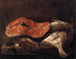 Fish in a basket, mussels and other sea shells on a ledge