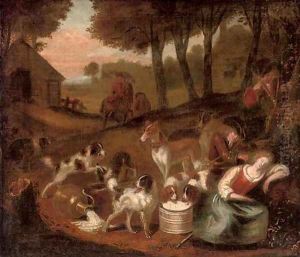 A hunting party stopped by a sleeping milkmaid by Adriaen Cornelisz. Beeldemaker