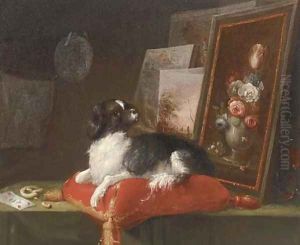 A spaniel lying on a cusion with paintings by Adriaen Cornelisz. Beeldemaker