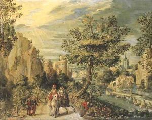A rocky river landscape with horsemen by Christoffel van den Berghe
