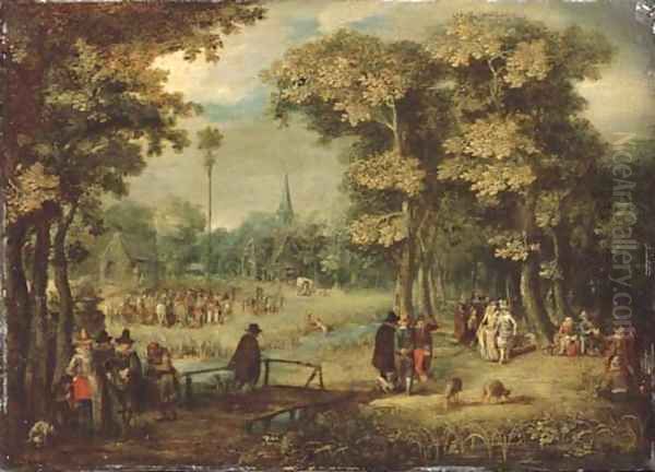 A wooded village landscape with elegant figures - view 1