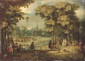 A wooded village landscape with elegant figures by Christoffel van den Berghe