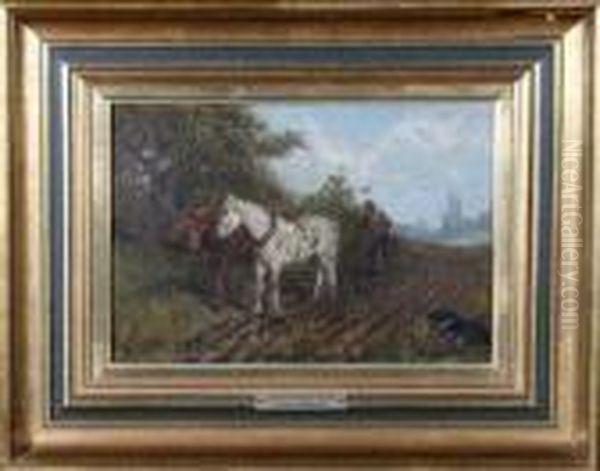 A Ploughman And A Team Of Horses At Work In A Field - view 1