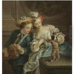 A Young Boy And Girl Dressing Up A Small Dog by Jean Baptiste (or Joseph) Charpentier