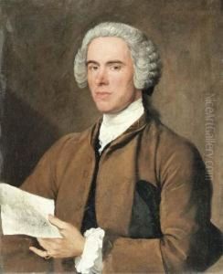 Portrait Of A Gentleman, Half-length, In A Brown Coat, Holding Aletter