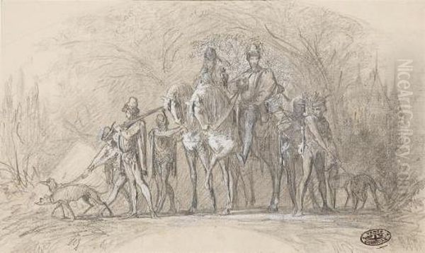 Ensemble De Onze Dessins Dont
Des Etudes De Femmes Allongees, Des Scenes De Chasse, Un Gentilhomme En
Redingote Et Chapeau Haute-forme - view 1