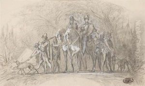 Ensemble De Onze Dessins Dont 
Des Etudes De Femmes Allongees, Des Scenes De Chasse, Un Gentilhomme En 
Redingote Et Chapeau Haute-forme