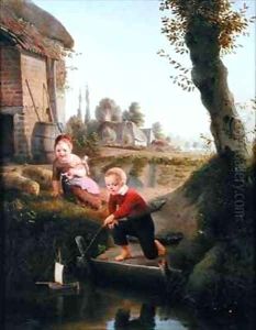 Two children playing with a boat by Antoine de Bruycker