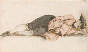 Study of a sleeping violinist, wearing a tricorne and holding his violin under his arms by Louis P. Boitard