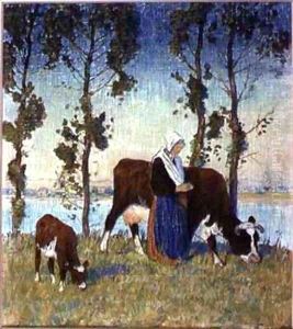 Woman with a Cow and Calf by Thomas Austen Brown