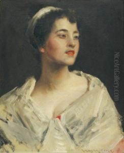 Jeune Femme Au Chale Blanc Huile Sur Toile (tres Petites Restaurations) by William Merritt Chase