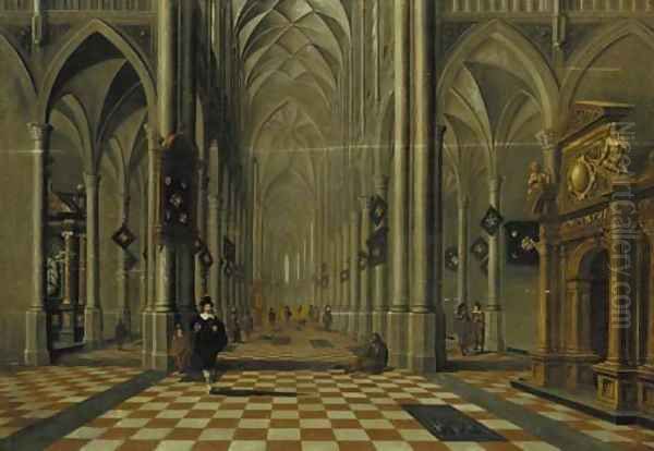 The interior of a Gothic church looking east, with elegant company and other figures - view 1