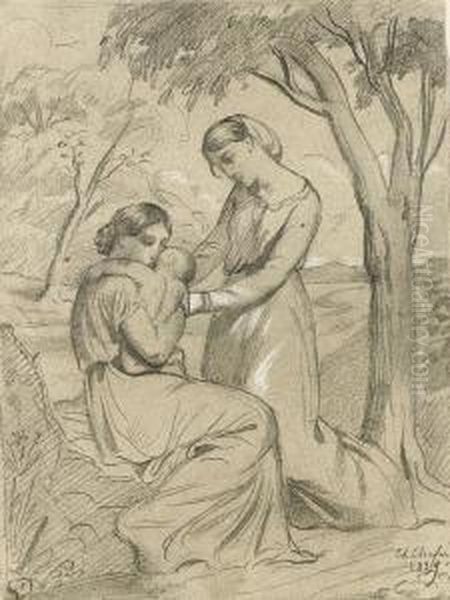 Two Women, One Sitting And Holding A Child, The Other Standing Under A Tree - view 1