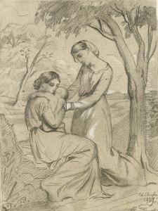 Two Women, One Sitting And Holding A Child, The Other Standing Under A Tree by Theodore Chasseriau