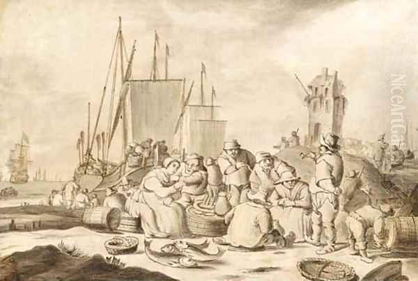 Merchants and other figures eating, drinking and smoking on a beach - view 1
