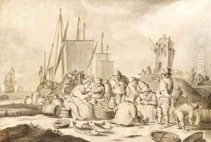 Merchants and other figures eating, drinking and smoking on a beach