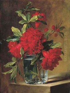 Pomegranate blossoms in a glass vase on a stone ledge by Elise De Bruyere