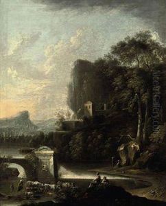 A Wooded River Landscape With Drovers Beside Classical Ruins, Avillage Beyond