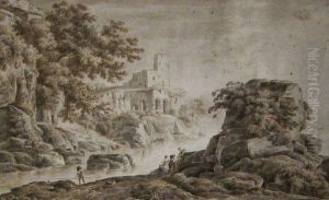 Promeneurs Pres D'une Riviere, Dans Un Paysage Montagneux Avecchateau Fort. by Claude Louis Chatelet
