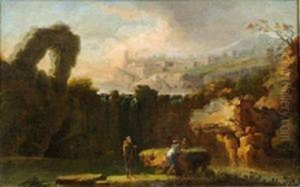 Personnages Devant Des Cascades Surmontees De Ruines Antiques. - view 1