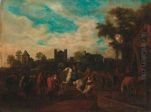 Grooms schooling horses before a tavern