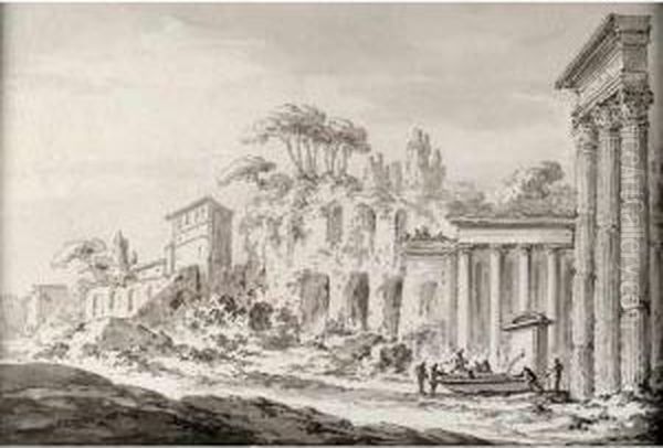 Vue Des Ruines Du Palais De
Neron Au Campo Vacino Plume Et Encre Grise, Lavis Gris 17,8x25 Cm Situe
En Bas A La Plume Ruines Du Palais De Neron Au Campo Vacino - view 1