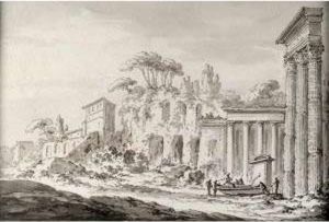 Vue Des Ruines Du Palais De 
Neron Au Campo Vacino Plume Et Encre Grise, Lavis Gris 17,8x25 Cm Situe 
En Bas A La Plume Ruines Du Palais De Neron Au Campo Vacino