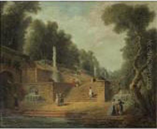 Promeneurs Dans Un Parc [claude 
Louis Chatelet ; Elegant Company Walking In A Park ; Oil On Canvas] - view 1