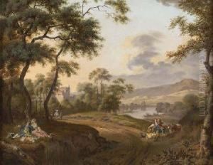 A Wooded Country Path With Figures Picnicing And An Amorous Coupletending Sheep