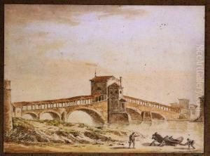 Pavia - A Covered Bridge At Pavia With Fishermen In The Foreground by Claude Louis Chatelet