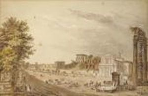The Via Sacra With The Columns
Of The Temple Of Castor And Polluxon The Left And The Arch Of Titus In
The Background, Rome by Claude Louis Chatelet