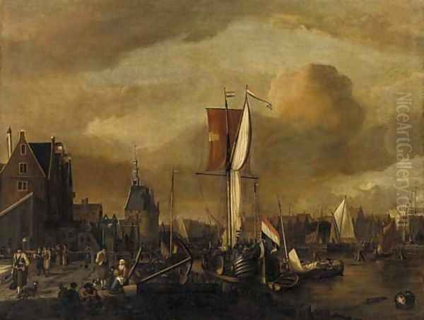 The harbour of Hoorn, with a moored Dutch galjoot and peasants on the quay - view 1