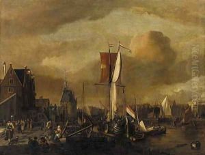 The harbour of Hoorn, with a moored Dutch galjoot and peasants on the quay by Gerrit Adriaensz Berckheyde