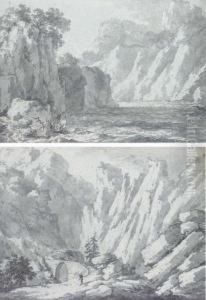 The Lac D'altdorf, Switzerland; Cascade Between Cliffs; And Amountain Path by Claude Louis Chatelet